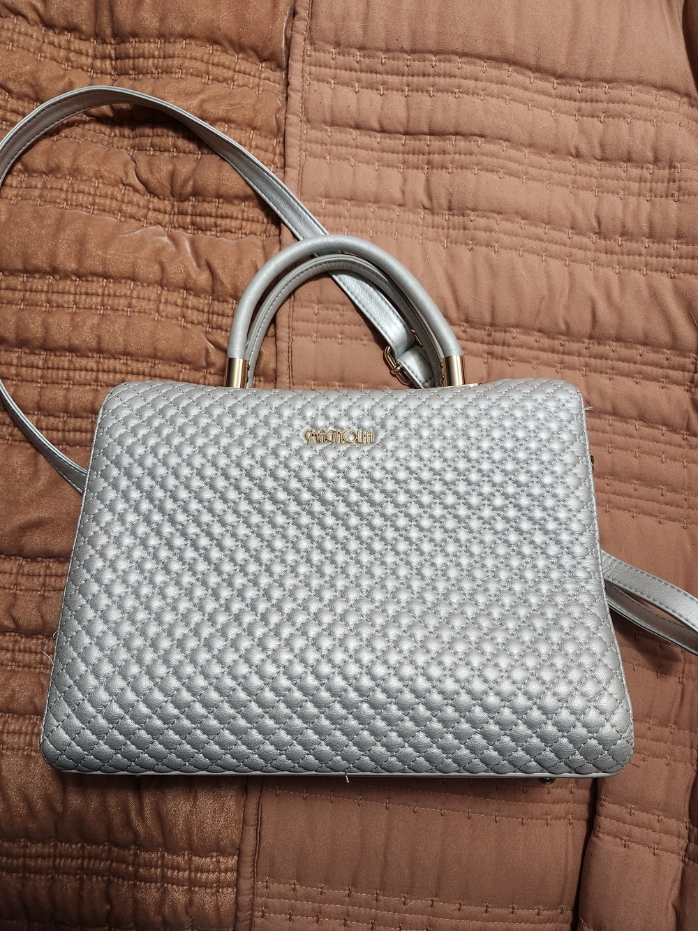 Quilted Silver Satchel with Top Handle and Detachable Strap